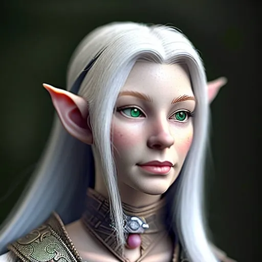 Prompt: This elf moves gracefully. She is small for an elf. Her white hair are long but artfully tied in a way that don't let them get in the way and remind you of vines and flowers.
She wears simple but elegant white and green clothes that are worned out. She carry a polished and artfully carved walking stick made of white oak. She often sings or whistles for herself.
DnD realistic portrait.