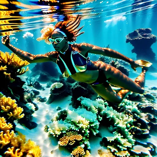 Prompt: (Hyperrealistic highly detailed underwater wide shot photography of ebonian diver swimming underwater)
Beautiful, tribal, athletic, tropical sea, freediving golden jewelry