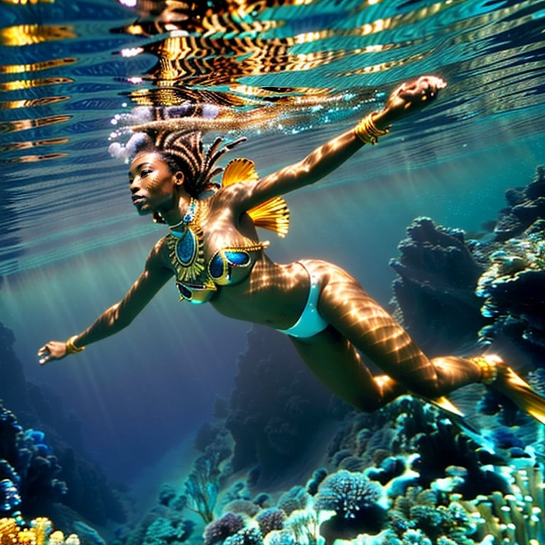 Prompt: (Hyperrealistic highly detailed underwater wide shot photography of ebonian diver swimming underwater)
Beautiful, tribal, athletic, tropical sea, freediving golden jewelry