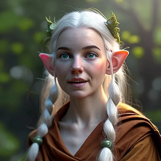 Prompt: This elf moves gracefully. She is small for an elf. Her white hair are long but artfully tied in a way that don't let them get in the way and remind you of vines and flowers.
She wears simple but elegant white and green clothes that are worned out. She carry a polished and artfully carved walking stick made of white oak. She often sings or whistles for herself. She is a young and beautiful monk.
DnD realistic full body portrait. Movie.