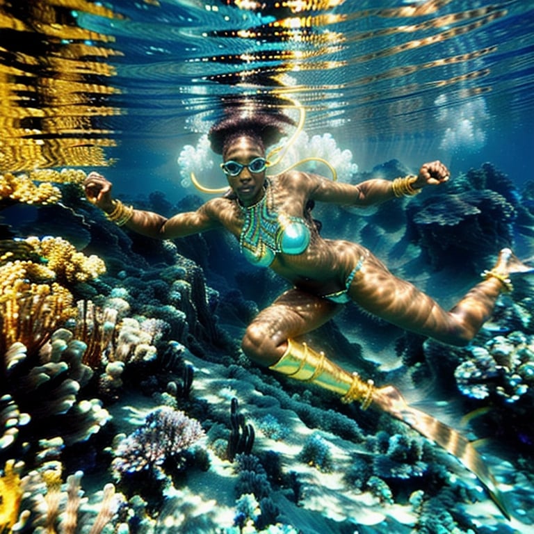 Prompt: (Hyperrealistic highly detailed underwater wide shot photography of ebonian diver swimming underwater)
Beautiful, tribal, athletic, tropical sea, freediving golden jewelry