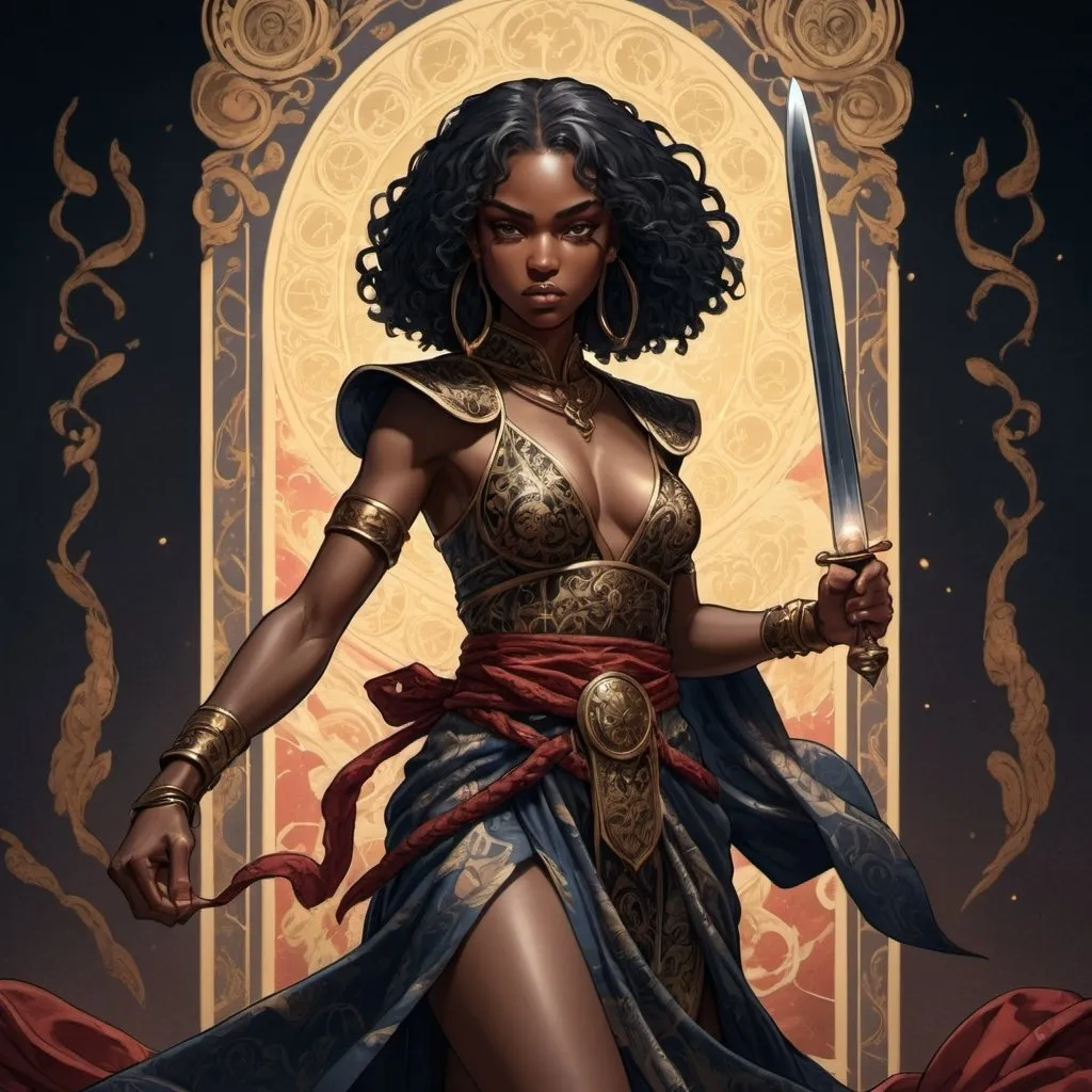 Prompt: tarot card Anime illustration, The Warrior, an ebonian young woman, fighting stance, detailed ornate cloth robe, dramatic lighting