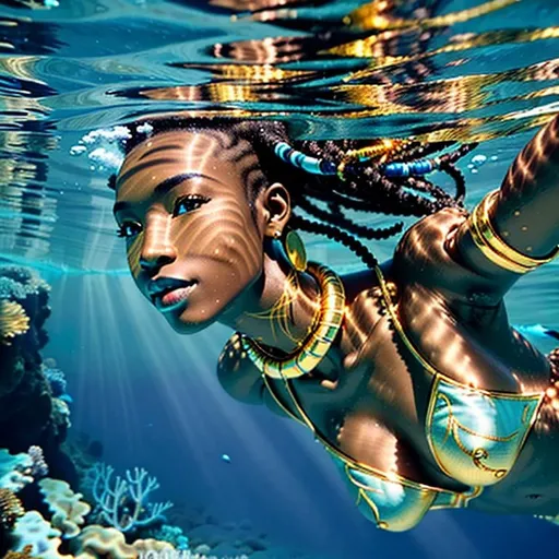 Prompt: (Hyperrealistic highly detailed underwater wide shot photography of ebonian diver swimming underwater)
Beautiful, tribal, athletic, tropical sea, freediving golden jewelry