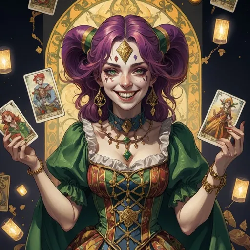 Prompt: tarot card Anime illustration, The Jester, an irish young woman,m, detailed ornate multicolored cloths, wild grin, dramatic lighting