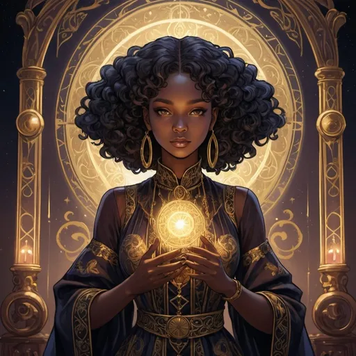 Prompt: tarot card Anime illustration, The Magician, an ebonian young woman, detailed ornate clothes, dramatic lighting