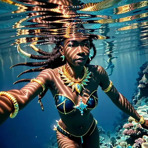 Prompt: (Hyperrealistic highly detailed underwater wide shot photography of ebonian diver swimming underwater)
Beautiful, tribal, athletic, tropical sea, freediving golden jewelry