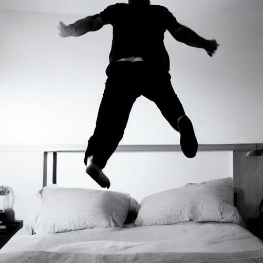 Prompt: A MAN JUMPING ON THE BED