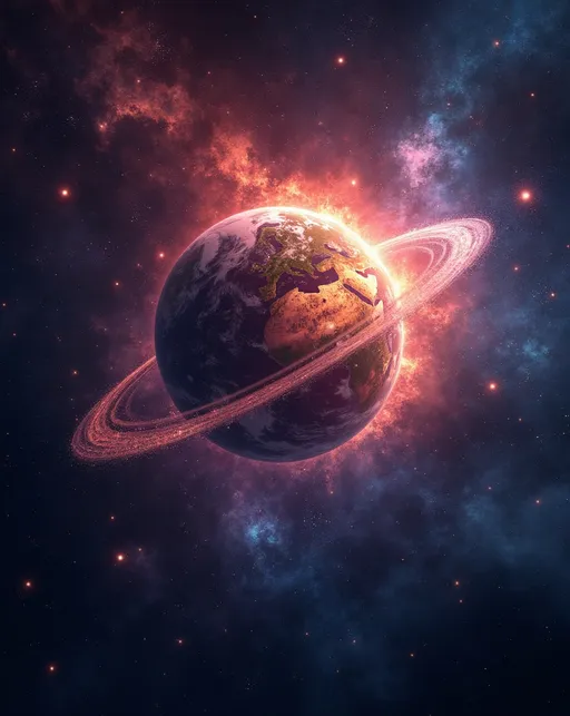 Prompt: The universe in bright fantasy like colors, tha background is black. The planets are beautiful and vibrant colors 