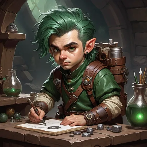 Prompt: dungeons and dragons fantasy art halfling male artificer with dark green hair workshop tinkerer