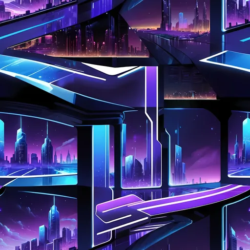 Prompt: (cool theme), futuristic cityscape, nighttime setting, neon lights casting a blue and purple glow, high-tech elements throughout the architecture, vibrant colors, captivating atmosphere, dynamic perspective, ultra-detailed, cinematic feel, enhanced with dramatic shadows and reflections, incorporating clouds and a starry sky, inviting and mysterious ambiance.