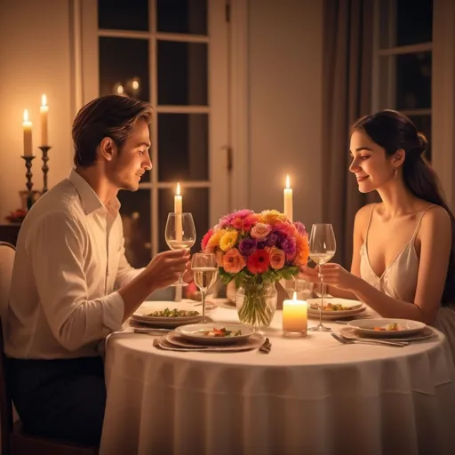 Prompt: A couple dinning together at evening with lots of flowers on the table