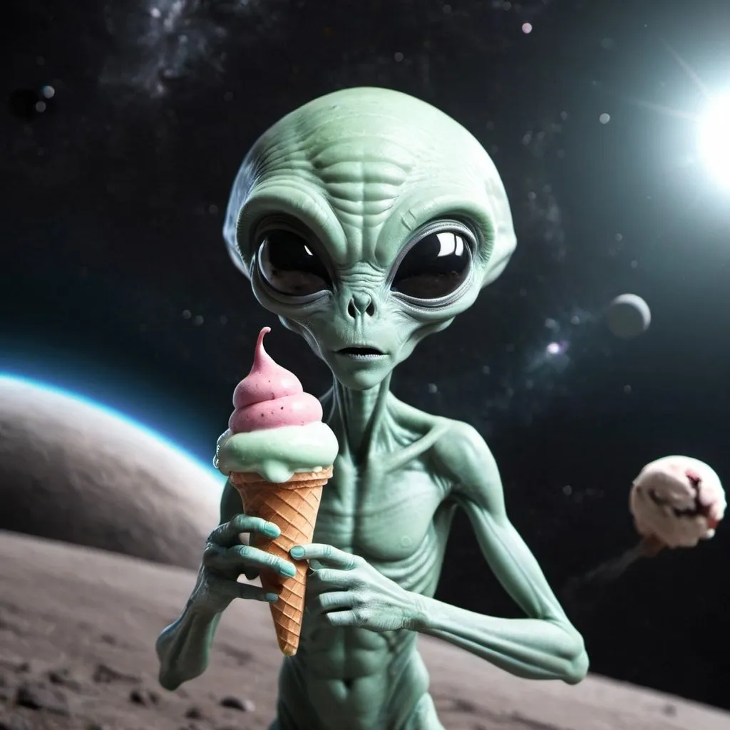 Prompt: An alien with a icecream in a space