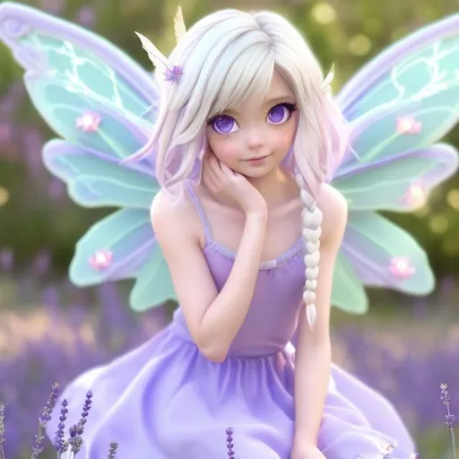 Prompt: anime fairy girl , blond hair , green eyes , lavender dress , sitting on a tree
