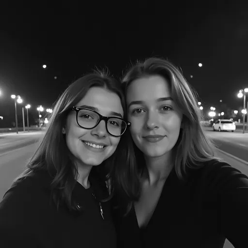 Prompt: Under a dimly lit night, two young individuals pose closely for a selfie, their expressions reflecting a mix of joy and camaraderie. One person, wearing glasses, waves towards the camera, while the other stands with a subtle, confident expression. The image is presented in a monochrome style, enhancing the intimacy of the moment, while blurred outlines create a dreamlike quality. In the background, faint glimmers of evening lights hint at an urban setting, suggesting they are outdoors amidst a quiet backdrop. The overall mood feels nostalgic, capturing a fleeting moment of friendship in a softly illuminated environment.