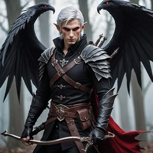 Prompt: Rogue debonair male elf assassin of aristocratic bloodlines, carries a crossbow and an enchanted dragon dagger, has ethereal wings that he can fly with.  Has a magical raven familiar with red eyes