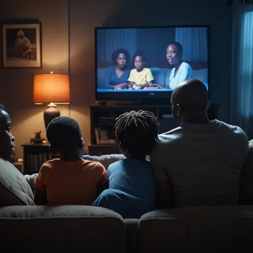 Prompt: LIFE LIKE,rear view shot of an AFRICAN AMERICAN family sitting on a couch watching television in a dark room, Flat screen TV sitting on TV stand , in a dark living room , highlight scene of the movie, cinematic. by leng jun, rich cinematic atmosphere, hight blue lighting from the moon shining through the side window, orange lighting shadows from lamps , , parents watching, night time footage