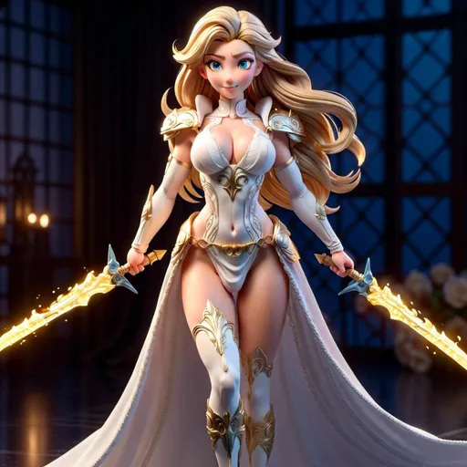 Prompt: <mymodel> Create a full body portrait of a big chested, bodybuilder amazon woman showing off her nice, muscular figure wearing revealing swimsuit hi tech white armor with a back drape and golden ornate designs. She carries an ornate sword with the blade made of light. She has long white hair and a cute face. The armor has chest plate, pauldrons, elbow-high gauntlets, knee-high boots and a back drape. Her armor has designs based on the element of light, AND ALL PARTS ARE COLORED WHITE WITH GOLDEN DESIGNS.