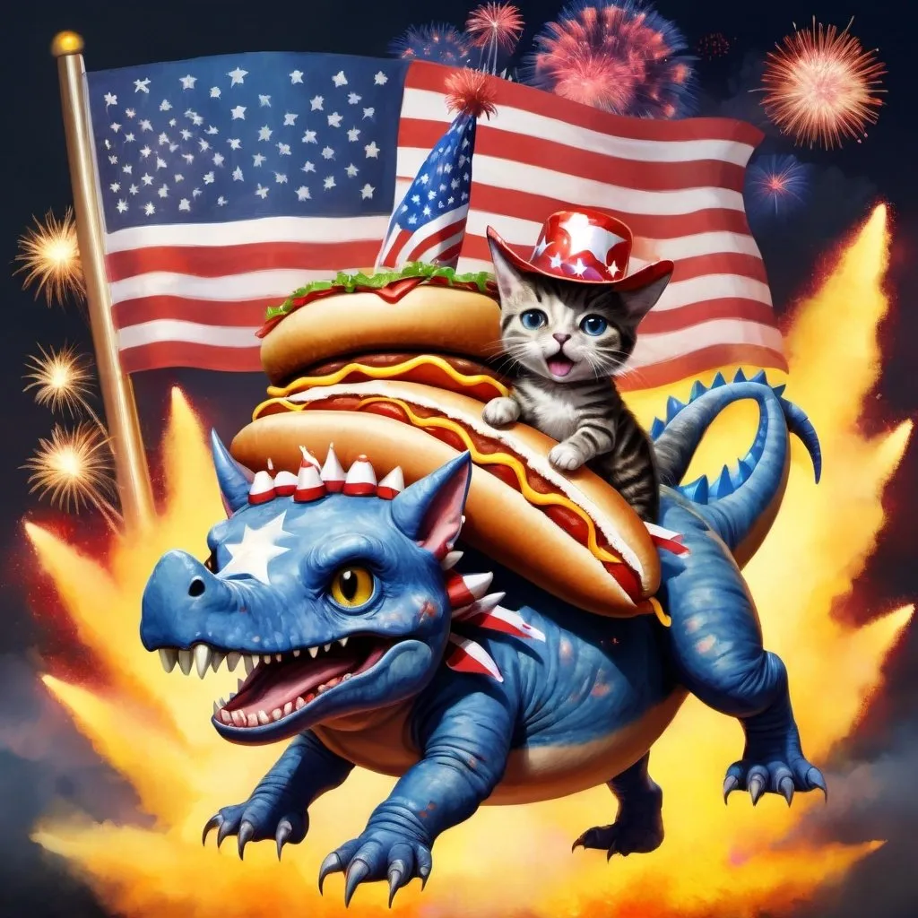 Prompt: A stegosaurus. There is a cat riding the stegosaurus. The cat is holding a hot dog in its left paw. The cat is holding the American flag in its right paw. The stegosaurus and cat are wearing cowboy hats. Fireworks are exploding in the background
