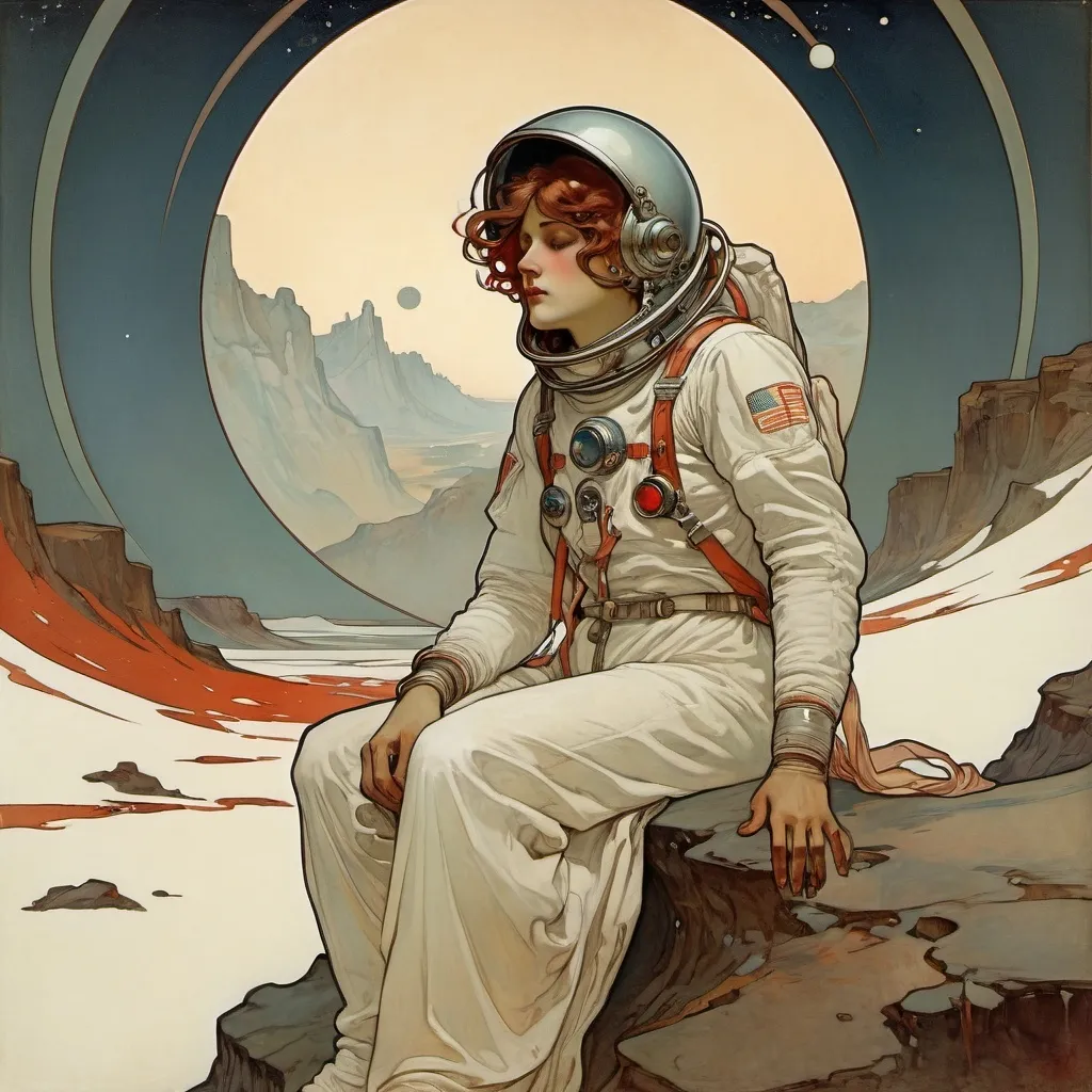 Prompt: art nouveau, Alphonse Mucha, astronaut perishing, blood, art nouveau, desolate landscape, dreamy, melancholy, evocative, Alphonse Mucha