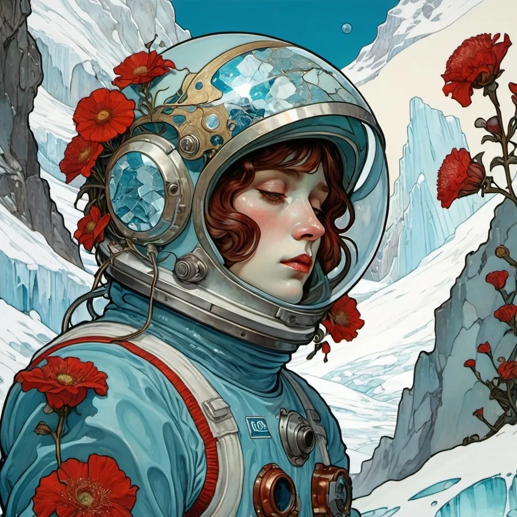 Prompt: art nouveau, Mucha, astronaut dying, shattered helmet, cracked faceplate, desolate landscape, ice, glacier, icy blue colors, mucha, nosebleed, red flowers, intricate, gustav klimt