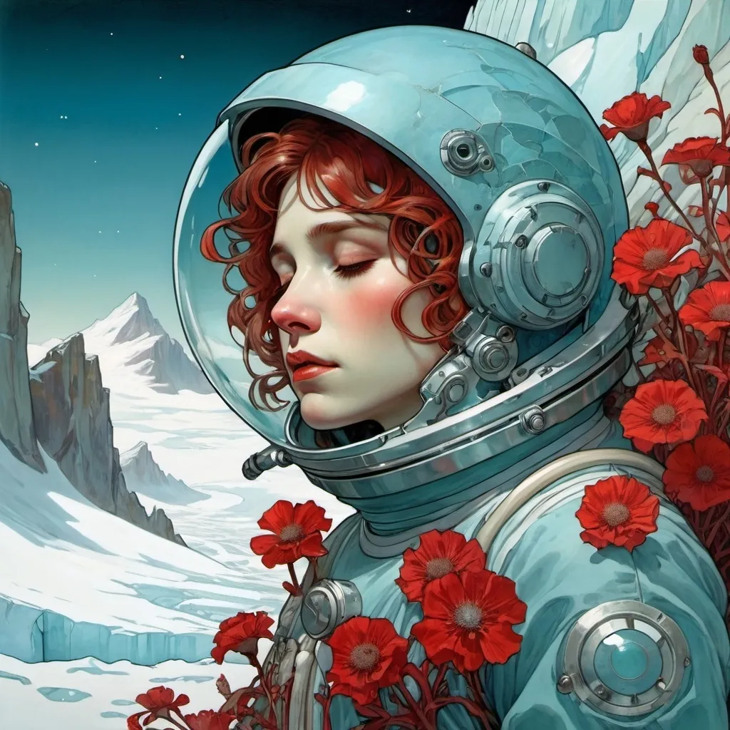 Prompt: art nouveau, Mucha, astronaut dying, shattered faceplate, desolate landscape, wilderness, ice, glacier, icy blue colors, melancholy, mucha, closed eyes, symmetry, nosebleed, red flowers