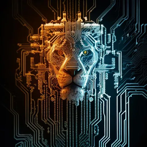 Prompt: Detailed illustration of a lion's head, circuit board, techno internet style, intricate circuitry details, high quality, cyberpunk, futuristic, lion's head, circuit board, intricate details, professional, futuristic, internet style, highres, ultra-detailed, cool tones, atmospheric lighting