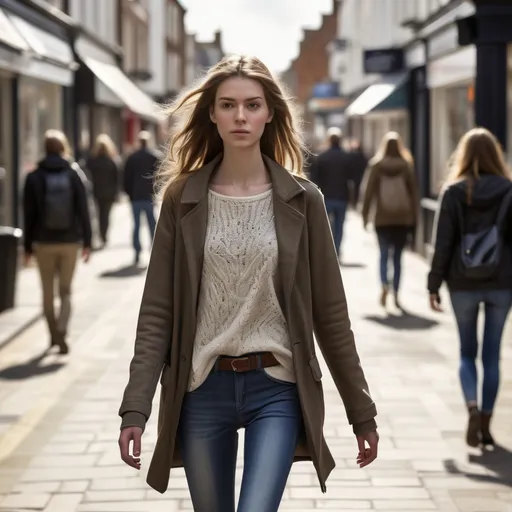 Prompt: Tall young woman walking down the high street, detailed clothing, realistic, natural lighting