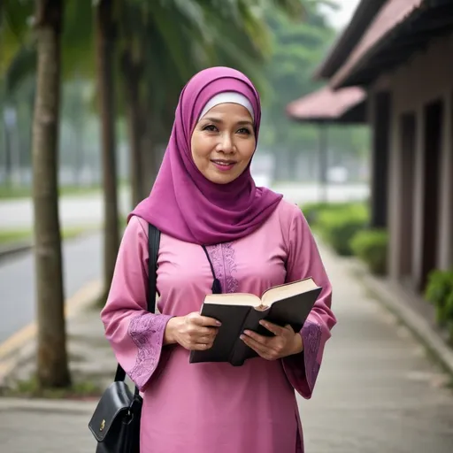 Prompt: 45 year old woman. body weight 70kg. Muslim wearing a pink baju kurung. wearing a purple hood. wear black shoes and handbag. holding a book in hand.