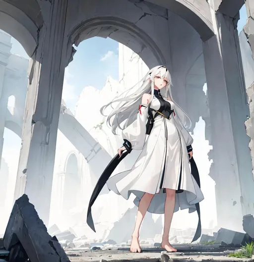 Prompt: A full body depiction of a female anime character. She has white hair, light gray eyes, white long sleeved dress and is barefoot. She is located at a place surrounded by ruins.