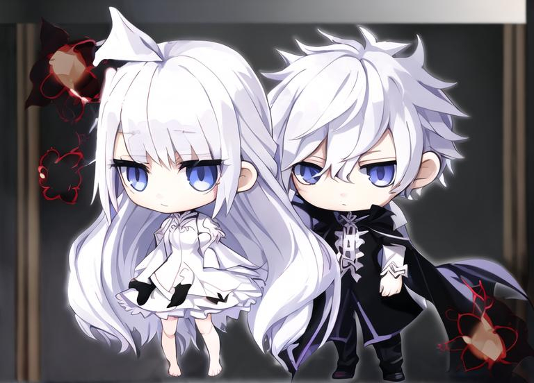 Prompt: A full body depiction of two anime characters. The female has white hair, light gray eyes, white long sleeved dress and is barefoot. The male has white hair, sapphire blue eyes, a black sleeved coat drapped in his shoulders as if were a cape, a black, long sleeved school uniform and pitch black shoes. They are located in a place surrounded by mystical clocks, floating in the outer space.