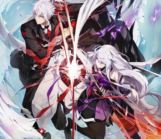 Prompt: A full body depiction of two anime characters. The female has white hair, white coat and a big, black and two handed sword. The male has white hair, a purple scarf, a black one handed sword and and attire inspired on a japanese school uniform, which is also black. Both swords are surrounded by black and red aura.