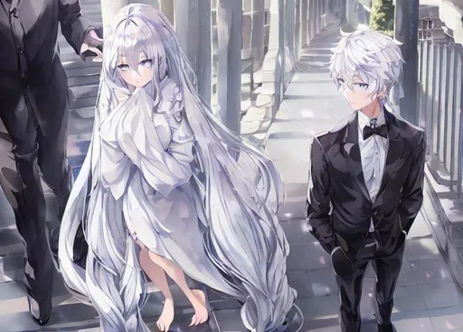 Prompt: A full body depiction of two anime characters. The female has white hair, light gray eyes, white long sleeved dress and is barefoot. The male has white hair, sapphire blue eyes, a black sleeved coat drapped in his shoulders as if were a cape, a black, long sleeved school uniform and pitch black shoes. They are located in a place surrounded by magical ruins.