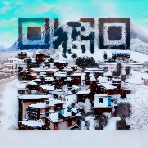 Prompt: a snowy village with mountains on the back