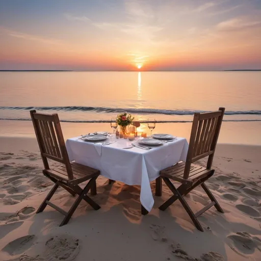 Prompt: Dinner on a private Baltic beach by the private table with private garson serving dinner to couple romantic mood, sunset, realistic photo image