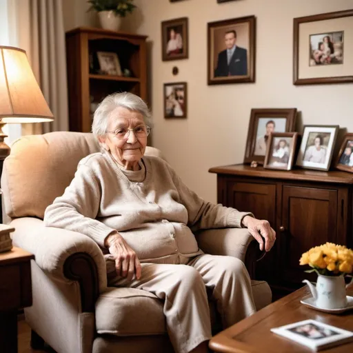 Prompt: A cozy living room. An elderly woman sits comfortably in her favorite armchair, surrounded by family photos and cherished memories. A caregiver enters, greeting her warmly