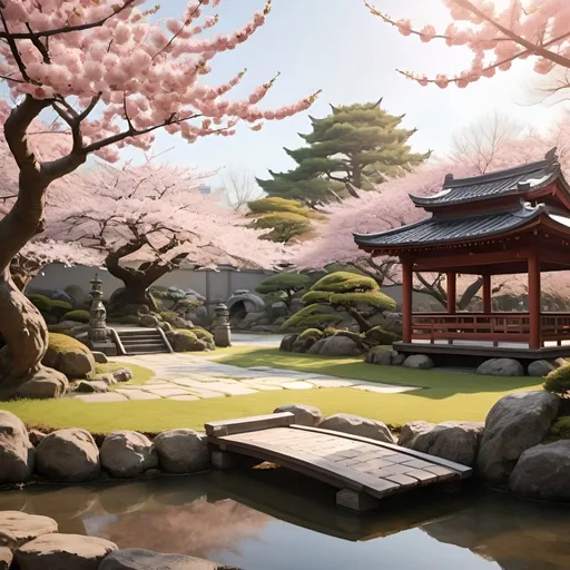 Prompt: This prompt specifies the style (photorealistic), subject (Japanese garden and cherry blossoms), setting (outdoor, traditional Japanese garden), composition (foreground, middleground, background), and lighting (soft morning light).