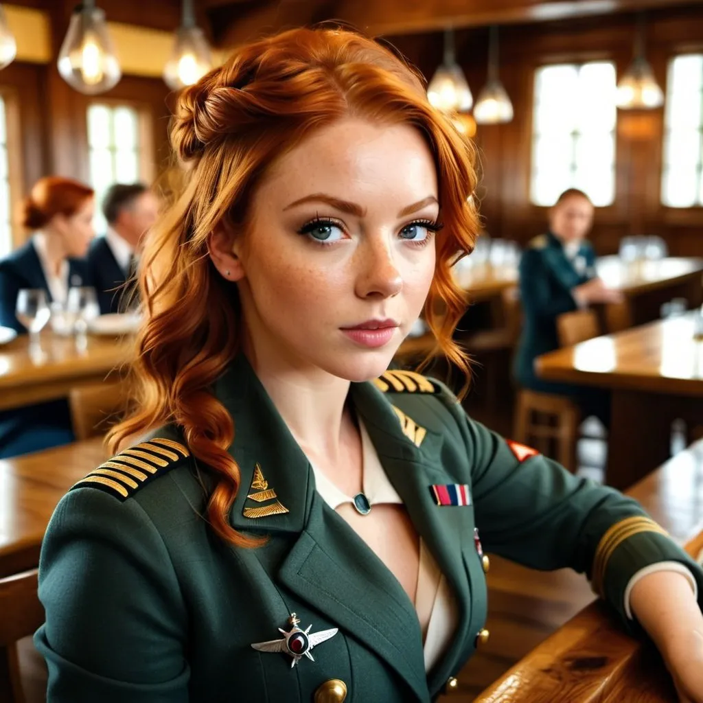 Prompt: (Beautiful Woman:1.3)(Ginger Hair:1.4)(Freckles:1.2)(Alluring Pose:1.2)(Aviatrix:1.3)(Mess Hall:1.4))(Beautifully shot:1)(Cannon:0.9)(4K HDR:1.1)(intricate details:1.3)(hyperrealistic:1.6)(64 megapixels:0.8)(perfect composition:1.1)(atmospheric:0.9)(Natalie Dormer:0.6)(Jennifer Lawrence:0.5)