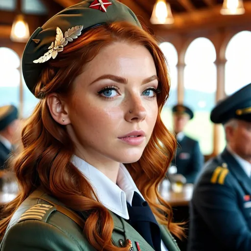 Prompt: (Beautiful Woman:1.3)(Ginger Hair:1.4)(Freckles:1.2)(Alluring Pose:1.2)(Aviatrix:1.3)(Mess Hall:1.4))(Beautifully shot:1)(Cannon:0.9)(4K HDR:1.1)(intricate details:1.3)(hyperrealistic:1.6)(64 megapixels:0.8)(perfect composition:1.1)(atmospheric:0.9)(Natalie Dormer:0.6)(Jennifer Lawrence:0.5)