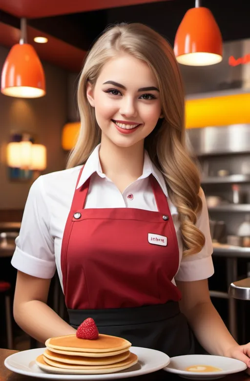 Prompt: pretty professional female servers), young, 23 years old, vibrant colors, cute outfits, stylish waitstaff attire, modern diner setting, cheerful ambiance, inviting atmosphere, high-quality details, realistic expressions, playful poses, delicious pancakes in the background, warm lighting, (ultra-detailed), energetic environment