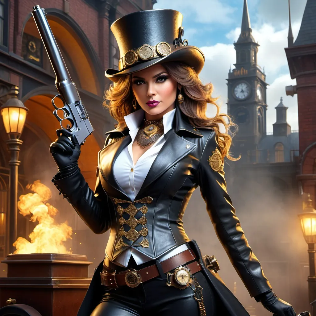 Prompt: glam metal album cover, detective woman with tophat, gun, steampunk, rusty, gold and silver, highly detailed, elegant, masterpiece, detailed matte painting, deep color, fantastical, intricate detail, splash screen, complementary colors, fantasy concept art, 8k resolution trending on Artstation Unreal Engine 5"



