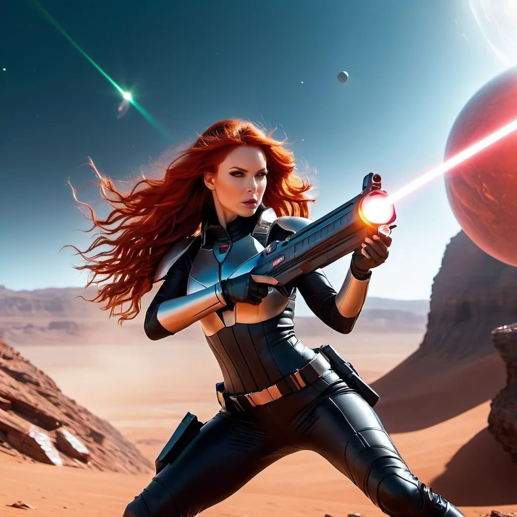 Prompt: low angle cinematic still from a space opera, beautiful female space warrior firing a laser rifle in a dramatic pose on an alien planet, hyper-realistic, beautiful long wavy red hair blowing, tight glossy outfit, sfx, in the style of Adam Hughes and Artgerm Professional photography, bokeh, natural lighting, canon lens, shot on dslr 64 megapixels sharp focus














