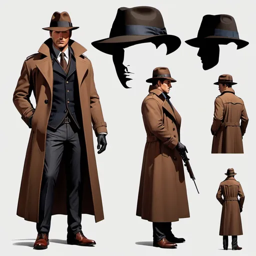 Prompt: male detective  in a brown coat a black  hat character sheet


























