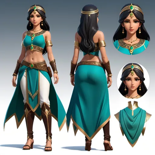 Prompt: character sheet, full body front and back, , arabian woman with black hair, brown eyes wearing biblical times clothes - blue and withe and some green detail, perfect brown skinny figure, intricate detail, high detail, anime, full color, perfect anatomy, centered, approach to perfection, 4k , cinematic dramatic atmosphere, artstation, concept art, fluid and sharp focus, volumetric lighting, cinematic lighting"









