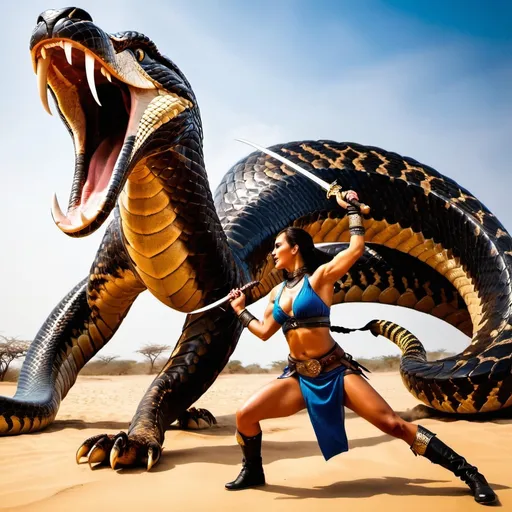 Prompt: Female warrior fights a giant cobra












