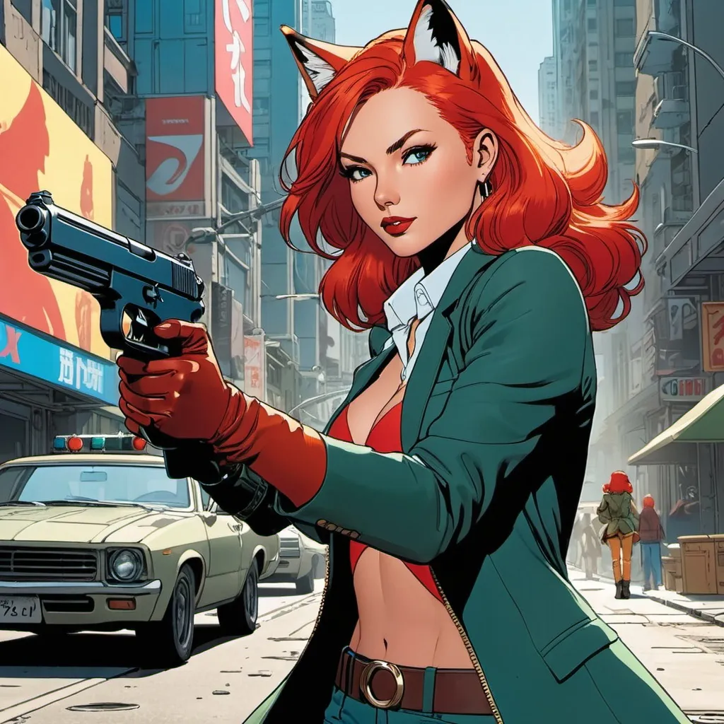 Prompt: Medium shot of a fox woman with red hair, (shooting at an alien), 1girl, standing on a city street:: comic book action panel::"
"fox woman with gun:: Production IG, Anime Key Visual, by Moebius, Deep Color, Intricate, 8k resolution concept art, Natural Lighting, Beautiful Composition Screen print, pop art, splash screen art, triadic colors, digital art, 8k resolution, golden ratio, symmetrical, rule of thirds, geometric bauhaus"





