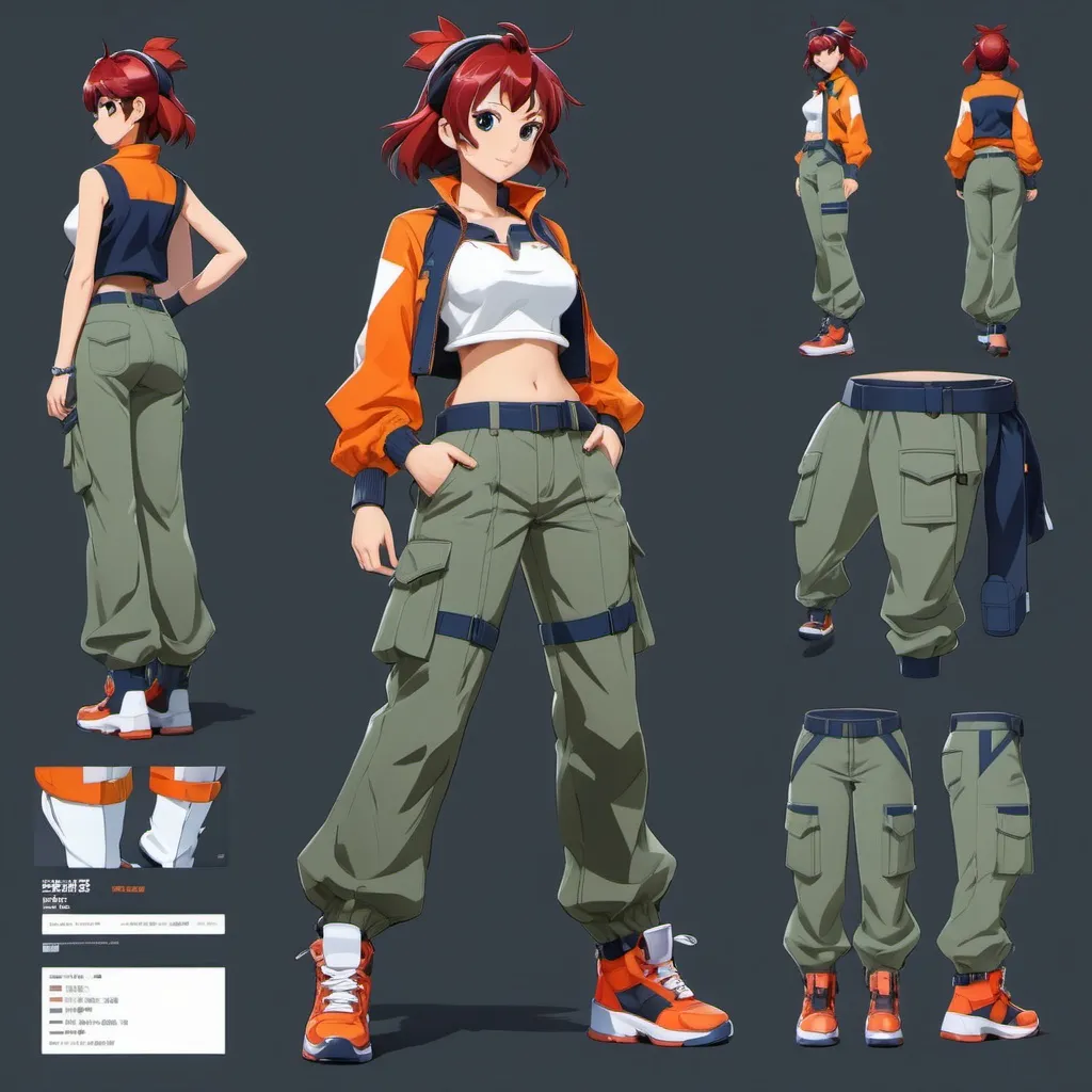 Prompt: "Stylized anime  girl Funky character with cargo pants design by Studio Trigger and Gainax, Tomokazu Matsuyama color style, character sheet















