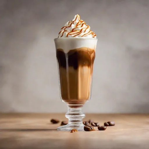 Prompt: A tall glass (no handle) Coffee with caramel, cream on top HD image, food photography