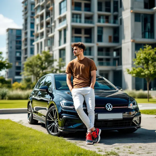 Prompt: A young man leans casually against a sleek black Volkswagen, exuding confidence with a relaxed pose. He sports a brown short-sleeved shirt, white pants, and vibrant red and black sneakers, complementing the car's sporty aesthetic. In the background, a modern, partially constructed building looms, showcasing a mix of concrete and glass, while a vibrant green grassy area adds a touch of nature to the urban scene. The image is bathed in bright daylight, enhancing the colors and reflections, creating a lively and stylish atmosphere. The overall mood conveys a sense of youthful vitality, ambition, and urban flair.