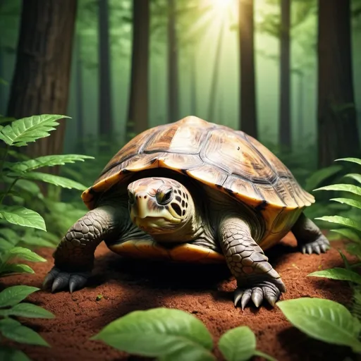 Prompt: A turtle with a forest on its shell, highly-detailed nature elements, lush greenery, thriving trees and plants, sun rays filtering through the leaves, warm and earthy color palette, mystical and tranquil atmosphere, vibrant shades of green and brown, gentle forest animals, ultra high-definition, cinematic quality, otherworldly and serene, intricate and realistic textures, detailed background with foliage and underbrush, atmospheric lighting.