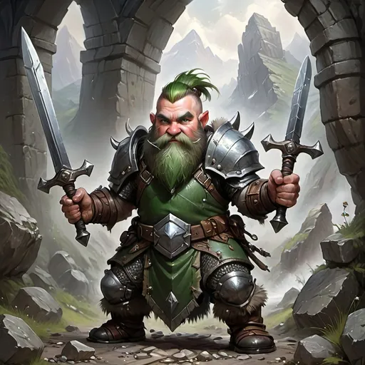 Prompt: mail mountain dwarf with a green mowhawk and beard wearing heavy mithral armor holding two great swords
